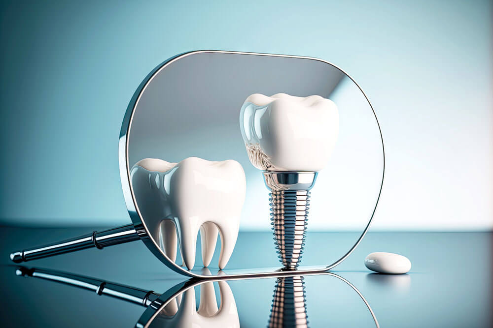Animalisches Bild eines Zahns für die Zahnimplantologie vor dem Spiegel, erstellt mit generativer KI
