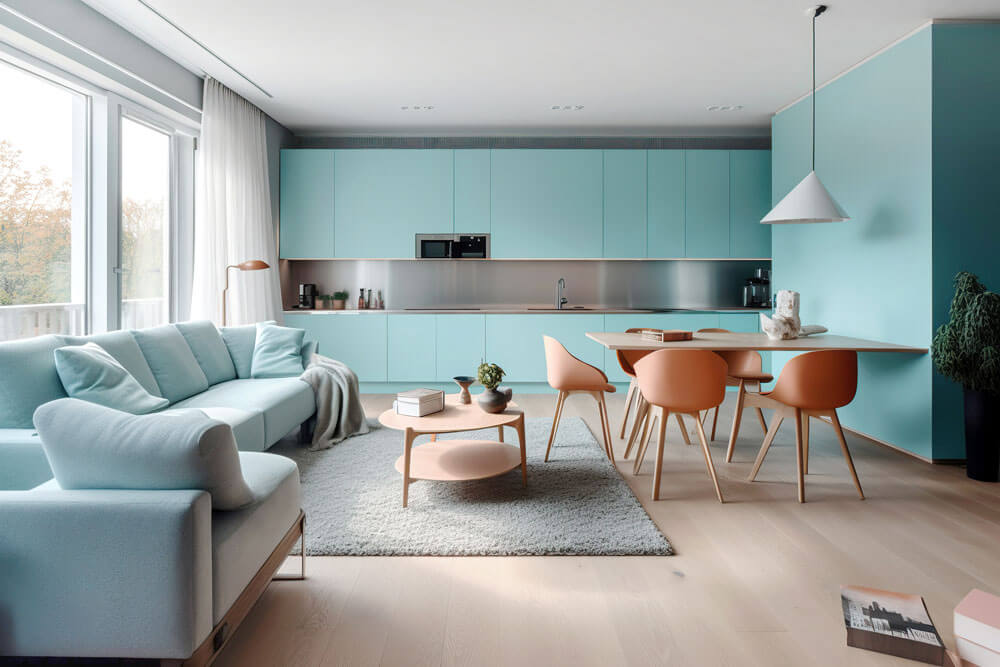 Türkisfarbene Küche im Studio-Apartment. Innenarchitektur eines modernen Wohnzimmers. Erstellt mit generativer KI