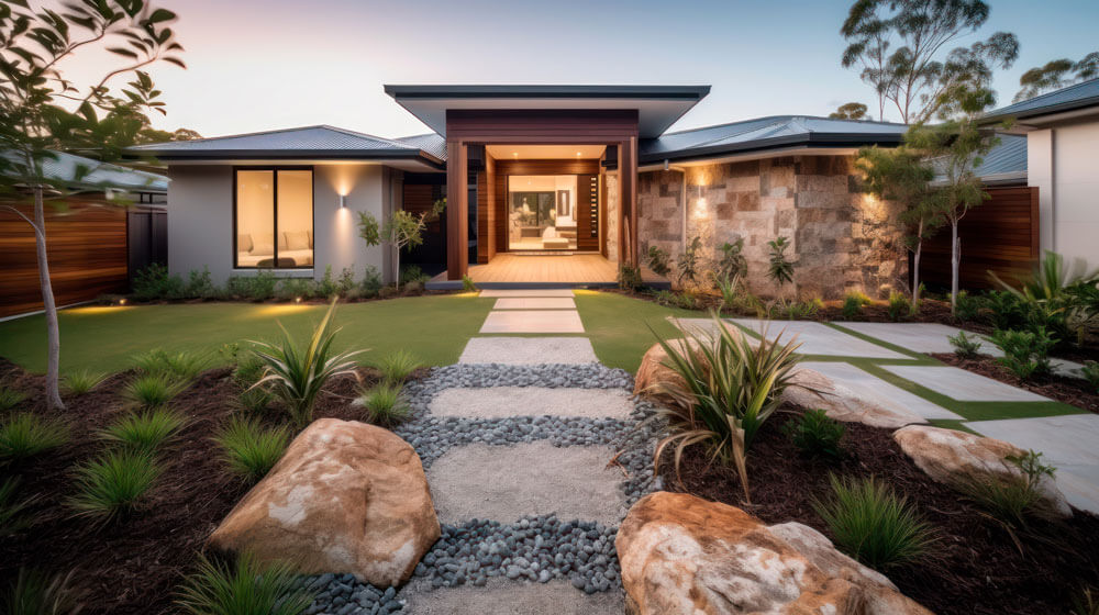 Vorderansicht eines neuen modernen Hauses im australischen Stil. Generative KI