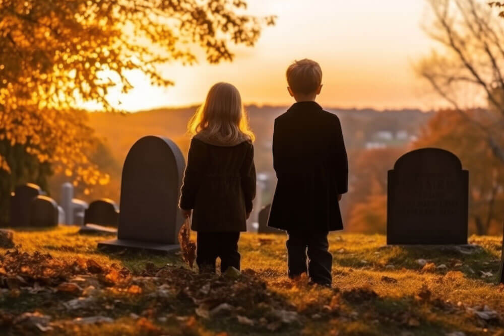 Bruder und Schwester stehen bei Sonnenuntergang auf dem Friedhof. Traurige kleine Kinder auf dem Grab ihrer Eltern. Generative KI.