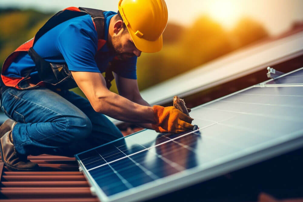 Ein Techniker montiert Photovoltaik-Solarmodule auf dem Dach eines Hauses. Ausgeschnittene Ansicht eines Bauarbeiters mit Helm, der mithilfe eines Sechskantschlüssels ein Solarpanelsystem installiert. Konzept der alternativen, generativen KI