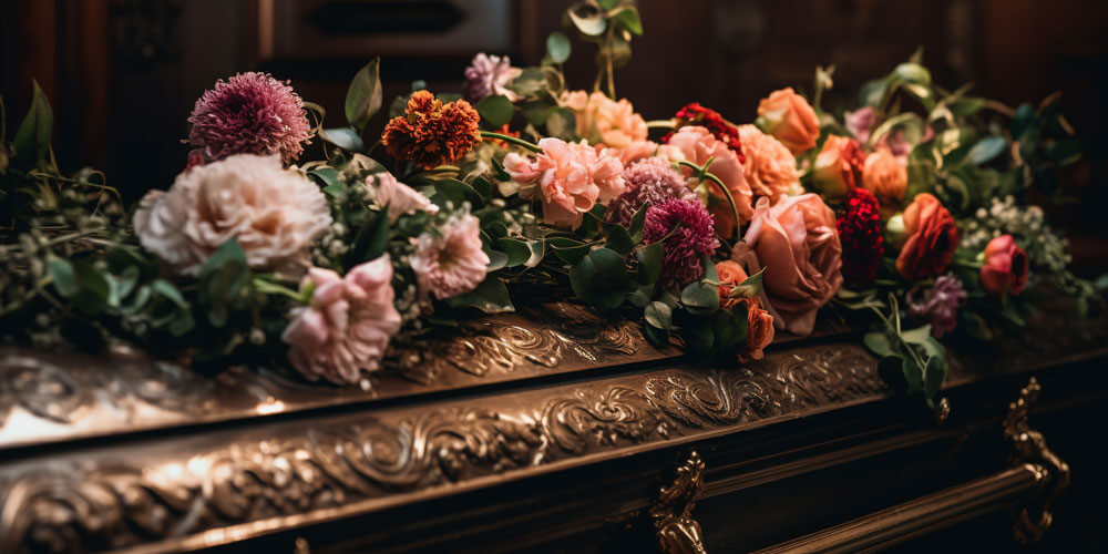 Generative KI, bunte Blumen auf dem Sargdeckel, Zeremonie, Beerdigung, Ritual, Abschied vom Verstorbenen, schwarzer Hintergrund, floristische Komposition, Trauerfeier, Platz für Text
